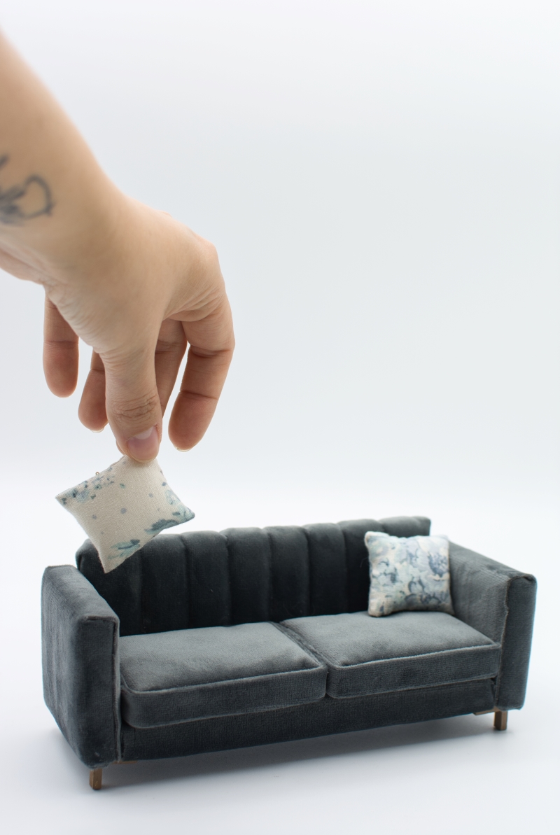 Miniature Petrol Blue Velvet Sofa